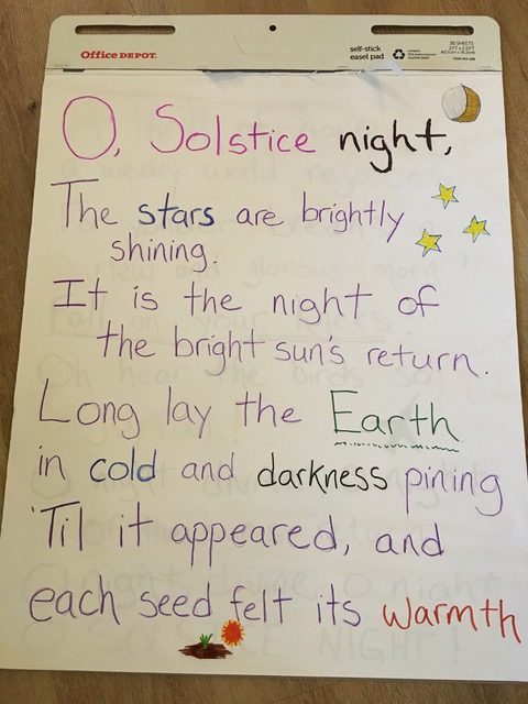 O, Solstice night,  
the stars are brightly shining. It is the night 
of the bright sun’s return. 
Long lay the Earth 
in cold and darkness pining ‘til it appeared, and 
each seed felt its warmth.  
